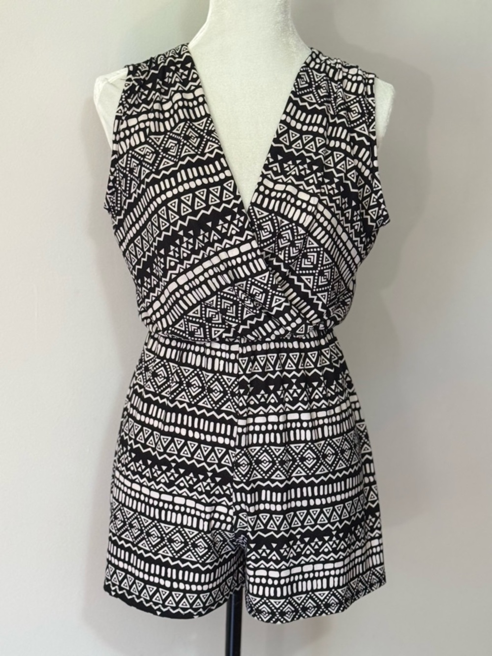 Jon & Anna Tribal Print Sleeveless V-Neck Wrap Romper in Black/White